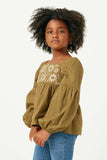 GY5210 OLIVE Girls Floral Petal Embroidered Bodice Puff Sleeve Textured Stripe Top Front
