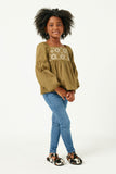 GY5210 OLIVE Girls Floral Petal Embroidered Bodice Puff Sleeve Textured Stripe Top Full Body