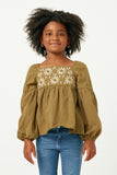 GY5210 OLIVE Girls Floral Petal Embroidered Bodice Puff Sleeve Textured Stripe Top Back