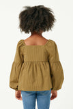 GY5210 OLIVE Girls Floral Petal Embroidered Bodice Puff Sleeve Textured Stripe Top Side