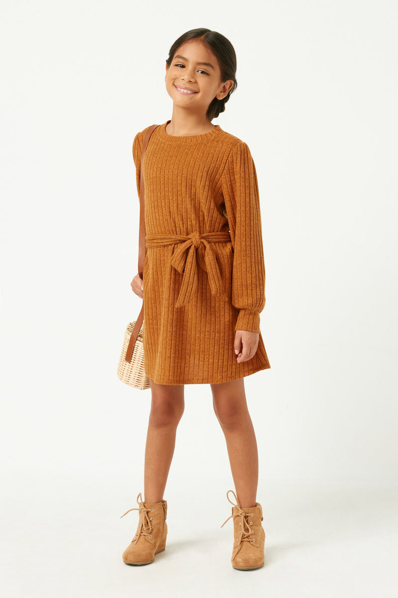 GY5215 BROWN Girls Ribbed Knit Textured Long Sleeve Dress Full Body