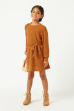 GY5215 BROWN Girls Ribbed Knit Textured Long Sleeve Dress Full Body