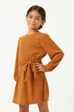 GY5215 BROWN Girls Ribbed Knit Textured Long Sleeve Dress Front