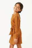 GY5215 BROWN Girls Ribbed Knit Textured Long Sleeve Dress Side