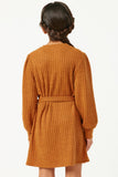 GY5215 BROWN Girls Ribbed Knit Textured Long Sleeve Dress Back