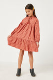 GY5217 SALMON Girls Textured Polka Dot Tassel Detail Dress Full Body