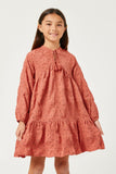 GY5217 SALMON Girls Textured Polka Dot Tassel Detail Dress Front