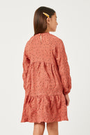 GY5217 SALMON Girls Textured Polka Dot Tassel Detail Dress Back