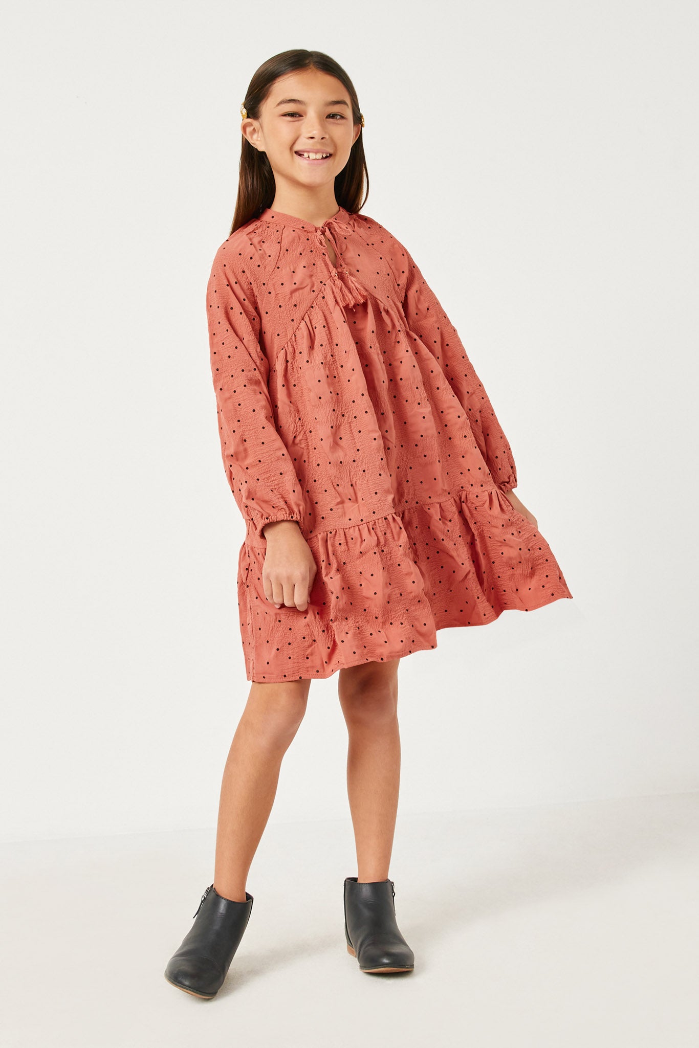 GY5217 SALMON Girls Textured Polka Dot Tassel Detail Dress Side