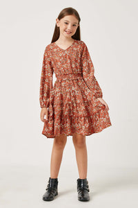 GY5220 CORAL Girls Smocked Waist Ruffled Tiered V Neck Dress Full Body