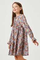GY5222 BLUE Girls V Neck Long Sleeve Cinched Cuff Floral Dress Detail