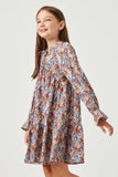 GY5222 BLUE Girls V Neck Long Sleeve Cinched Cuff Floral Dress Detail