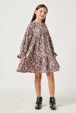 GY5222 BLUE Girls V Neck Long Sleeve Cinched Cuff Floral Dress Full Body