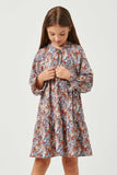 GY5222 BLUE Girls V Neck Long Sleeve Cinched Cuff Floral Dress Front