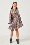 GY5222 BLUE Girls V Neck Long Sleeve Cinched Cuff Floral Dress Front 2