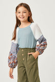 GY5223 BLUE Girls Floral Block Contrast Sleeve Waffle Knit Top Front
