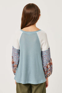 GY5223 BLUE Girls Floral Block Contrast Sleeve Waffle Knit Top Back