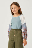 GY5223 BLUE Girls Floral Block Contrast Sleeve Waffle Knit Top Side