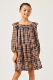 GY5225 BROWN Girls Plaid Smocked Square Neck Ruffled Long Sleeve Dress Front