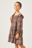 GY5225 BROWN Girls Plaid Smocked Square Neck Ruffled Long Sleeve Dress Side