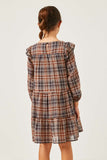 GY5225 BROWN Girls Plaid Smocked Square Neck Ruffled Long Sleeve Dress Back