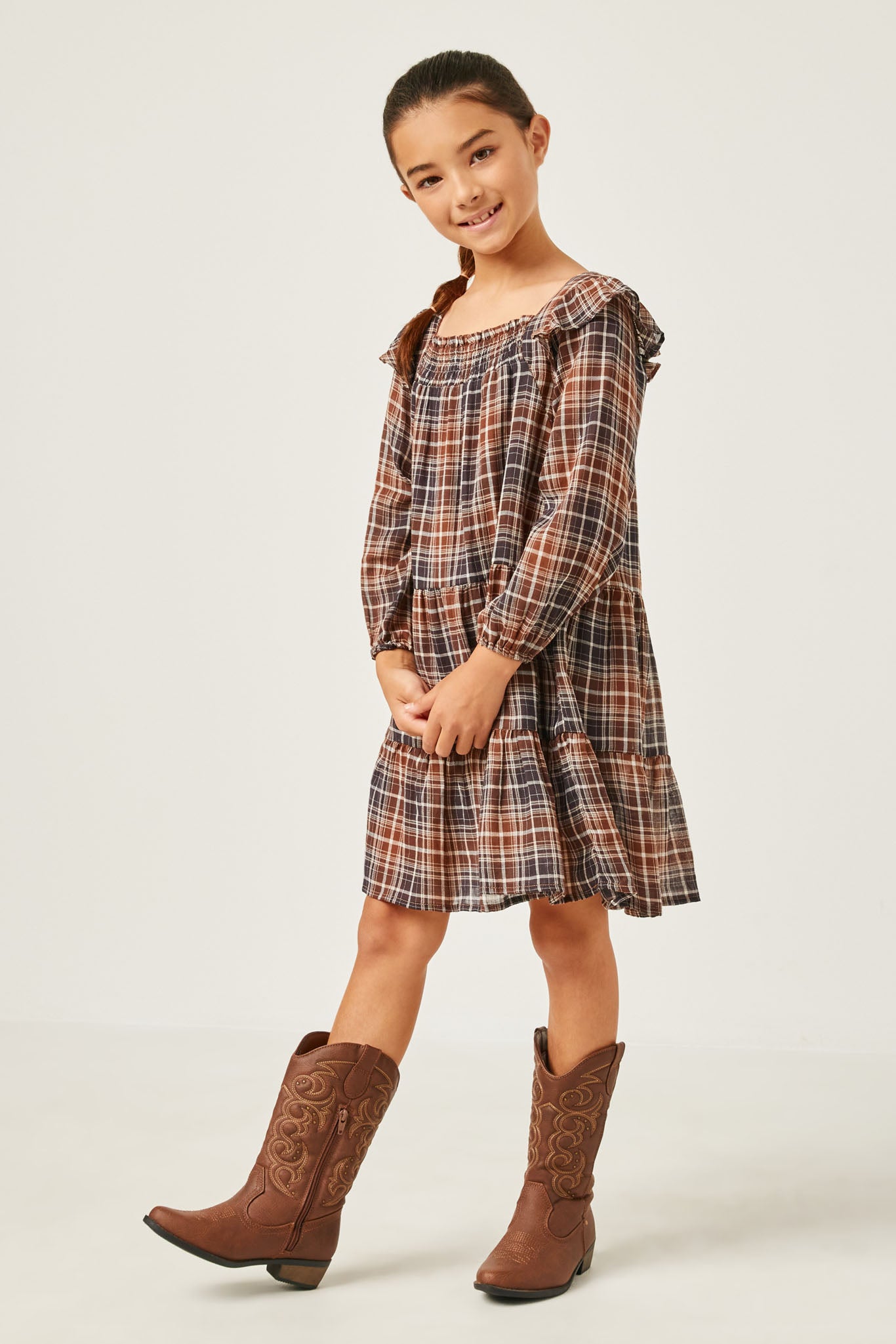 GY5225 BROWN Girls Plaid Smocked Square Neck Ruffled Long Sleeve Dress Full Body 2