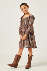 GY5225 BROWN Girls Plaid Smocked Square Neck Ruffled Long Sleeve Dress Full Body 2