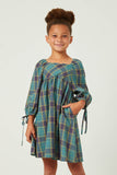 GY5248 BLUE Girls Plaid Square Neck Tie Sleeve Mini Dress Front