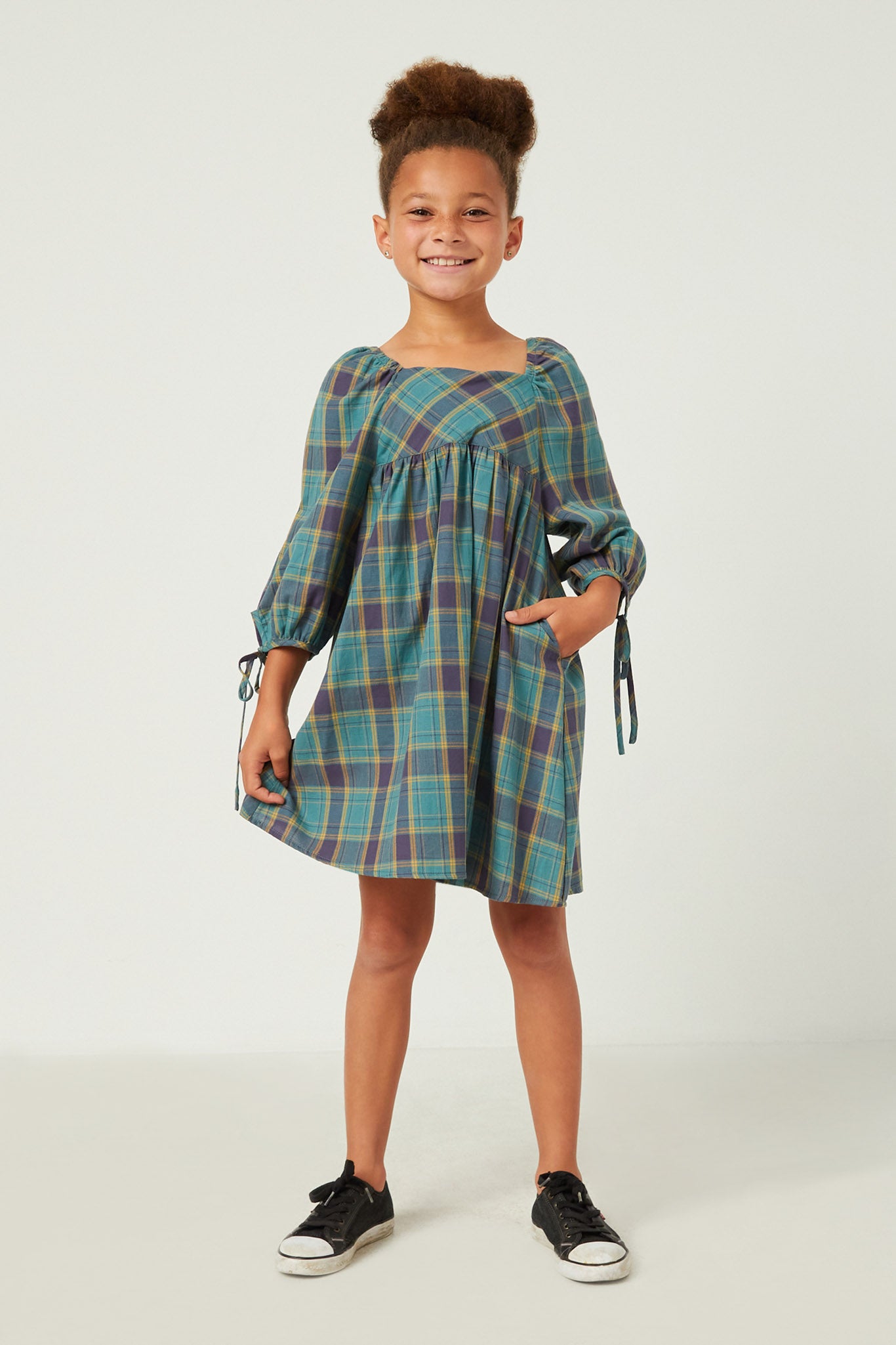 Plaid Square Neck Tie Sleeve Mini Dress