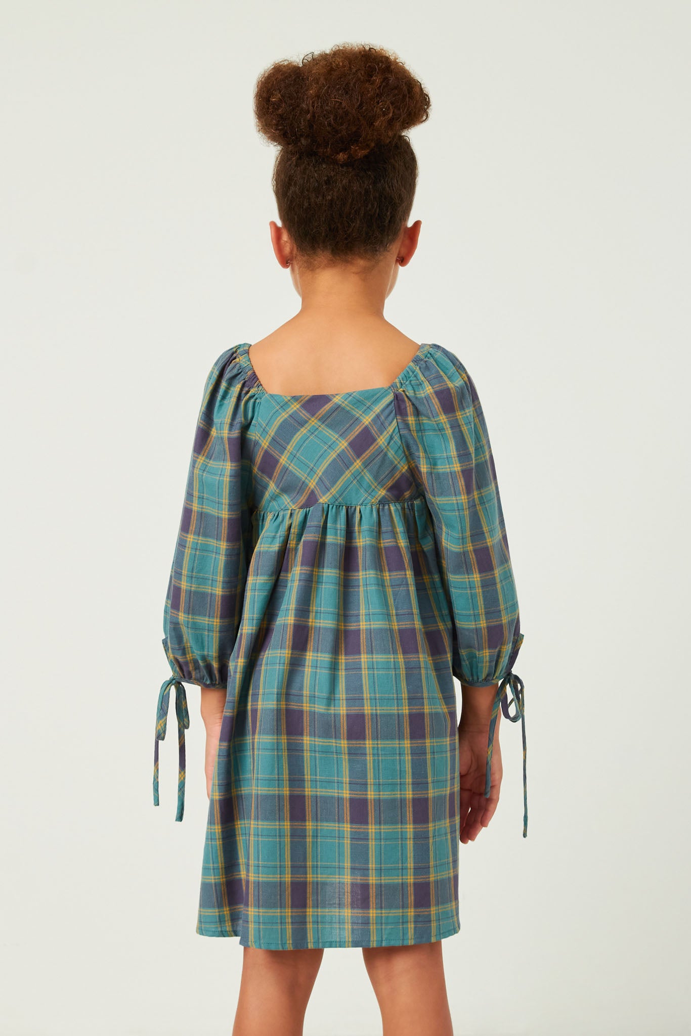 GY5248 BLUE Girls Plaid Square Neck Tie Sleeve Mini Dress Back