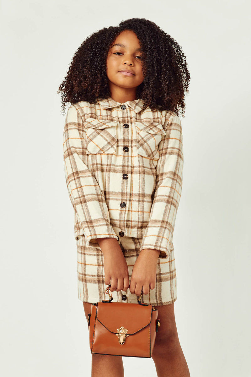 GY5249 BEIGE Girls Brushed Plaid Wide Sleeve Patch Pocket Shacket Front