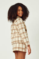 GY5249 BEIGE Girls Brushed Plaid Wide Sleeve Patch Pocket Shacket Back