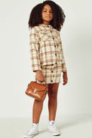 GY5249 BEIGE Girls Brushed Plaid Wide Sleeve Patch Pocket Shacket Full Body