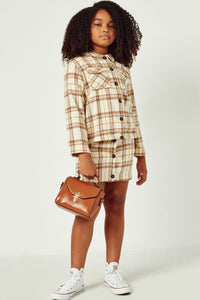 GY5249 BEIGE Girls Brushed Plaid Wide Sleeve Patch Pocket Shacket Full Body