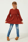 GY5292 RUST Girls Lace Trimmed Ruffle Detail Long Sleeve Knit Top Full Body