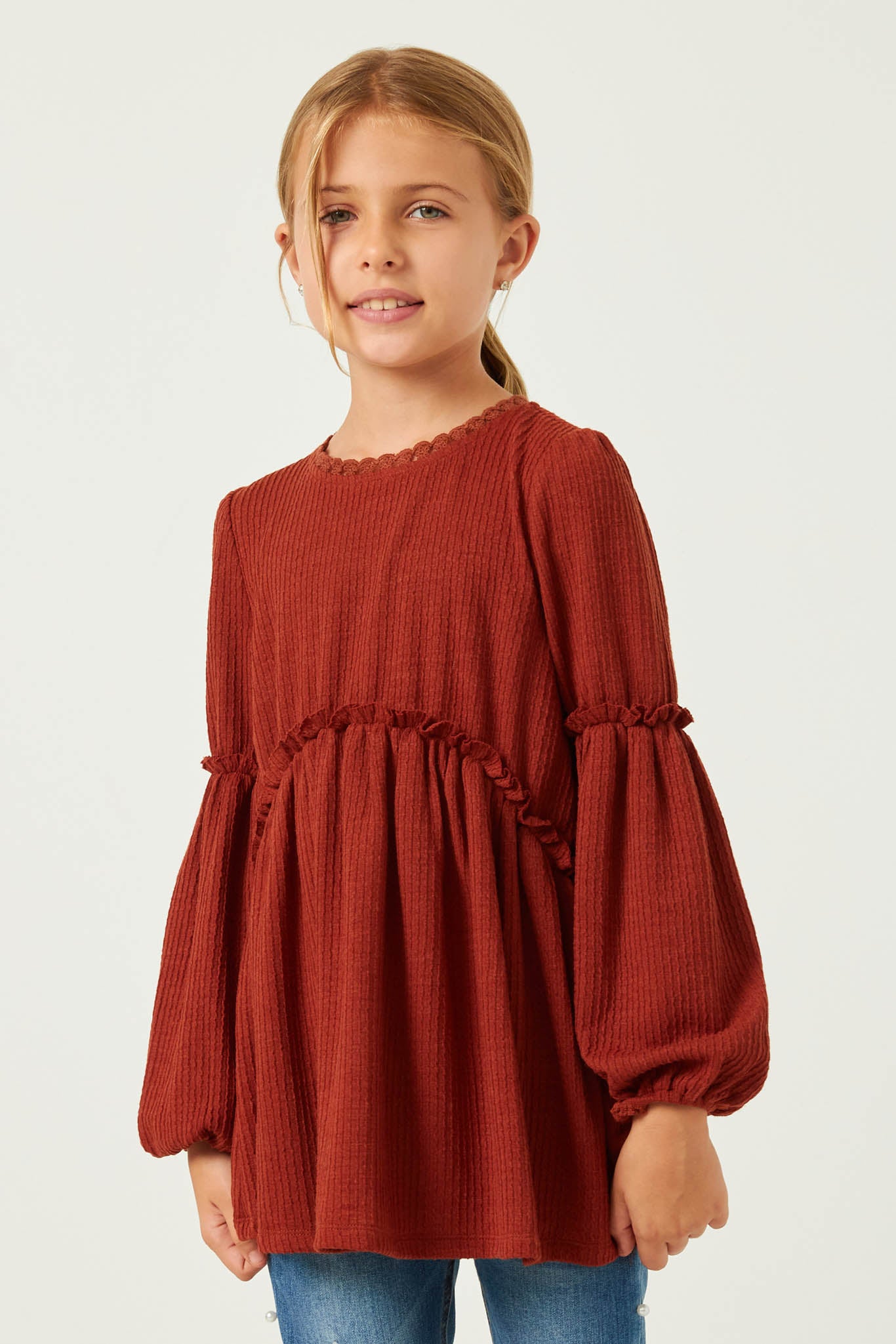 Lace Trimmed Ruffle Long Sleeve Knit Top