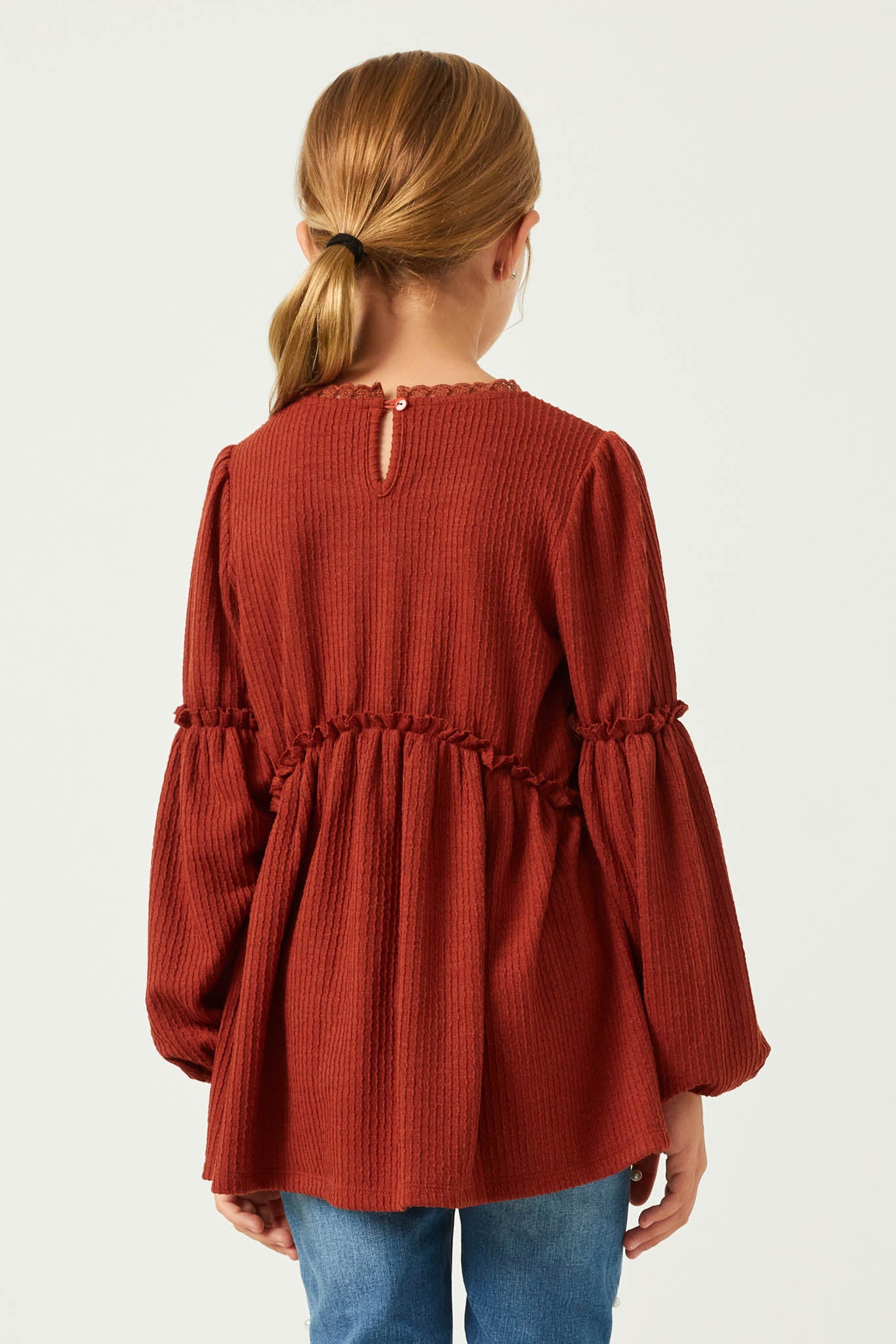 GY5292 RUST Girls Lace Trimmed Ruffle Detail Long Sleeve Knit Top Back