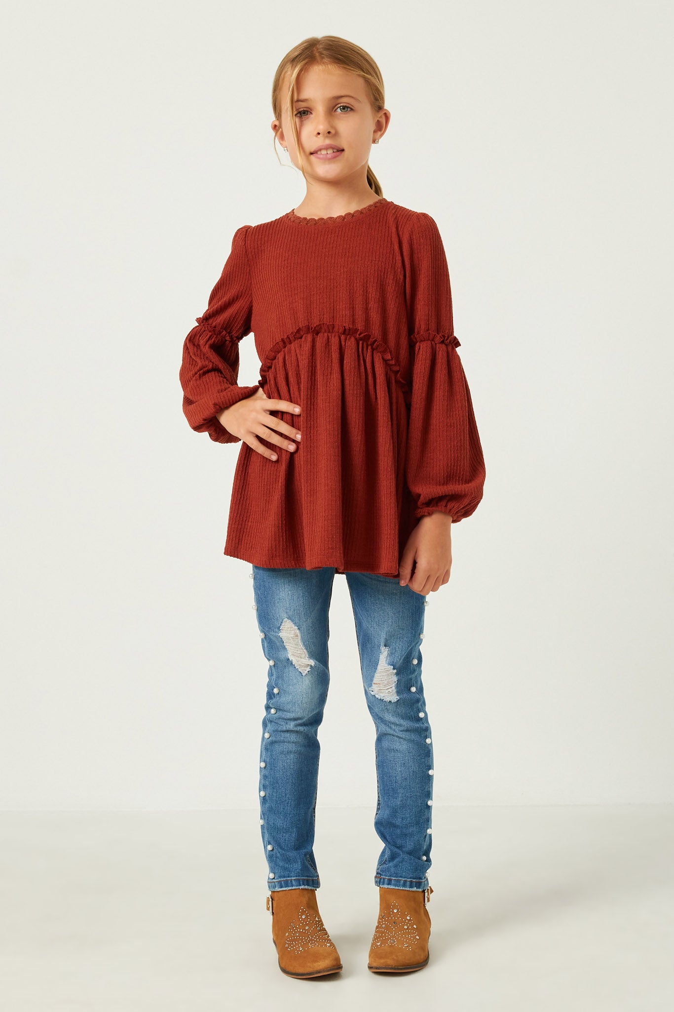 GY5292 RUST Girls Lace Trimmed Ruffle Detail Long Sleeve Knit Top Full Body 2