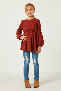GY5292 RUST Girls Lace Trimmed Ruffle Detail Long Sleeve Knit Top Full Body 2