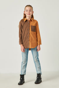 GY5303 BROWN_MIX Girls Color Block Button Up Corduroy Shirt Full Body