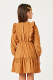 GY5305 CAMEL Girls Ruffled Button Back Long Sleeve Corduroy Dress Back