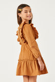 GY5305 CAMEL Girls Ruffled Button Back Long Sleeve Corduroy Dress Detail
