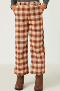 GY5322 BROWN Girls Brushed Plaid Wideleg Elastic Waist Pants Front