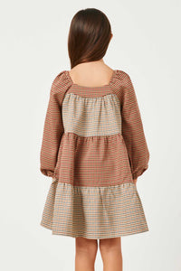 GY5344 BROWN Girls Checker Block Square Neck Long Sleeve Dress Back