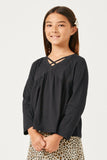 GY5345 BLACK Girls Babydoll Strappy V Neck Long Sleeve T Shirt Side