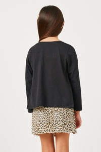 GY5345 BLACK Girls Babydoll Strappy V Neck Long Sleeve T Shirt Back