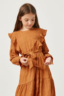 GY5367 CAMEL Girls Textured Ruffled Long Sleeve Tie Waist Dress Detail