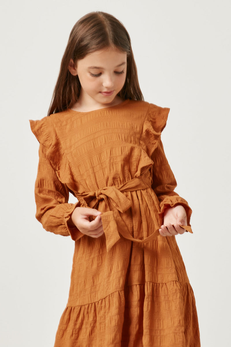GY5367 CAMEL Girls Textured Ruffled Long Sleeve Tie Waist Dress Detail