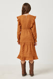 GY5367 CAMEL Girls Textured Ruffled Long Sleeve Tie Waist Dress Back