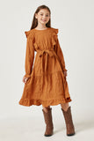 GY5367 CAMEL Girls Textured Ruffled Long Sleeve Tie Waist Dress Side